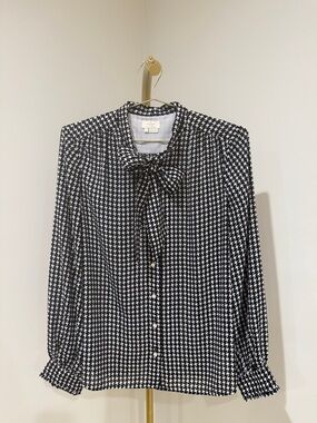 Kate Spade Black & White Houndstooth Tie-Neck Blouse